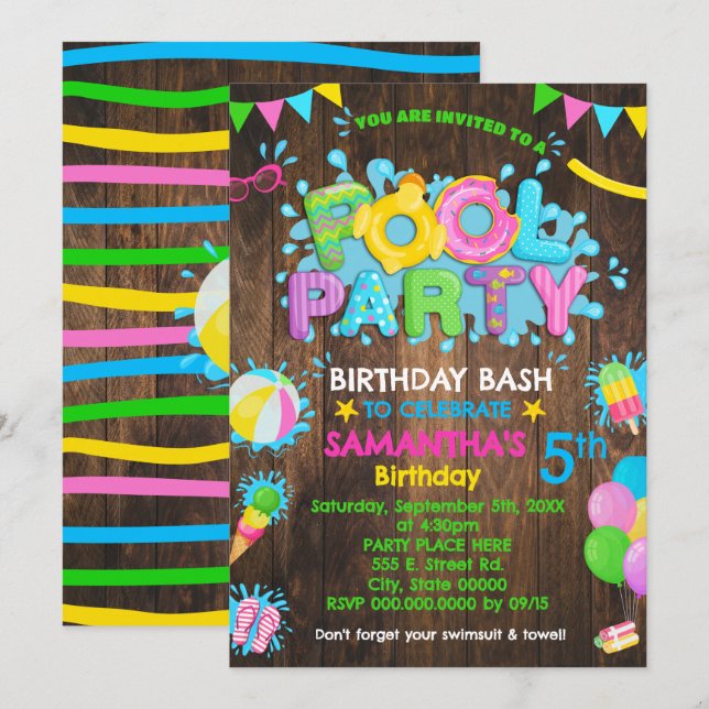 Invitation Piscine rose Anniversaire Fête du caoutchouc Canar (Devant / Derrière)