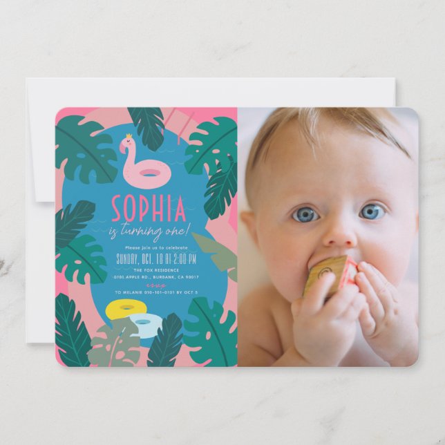 Invitation Piscine rose néon tropicale fille 1er anniversaire (Devant)