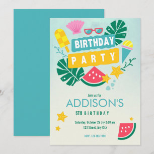 Invitation Piscine tropicale d'été aux couleurs mignonnes Fêt