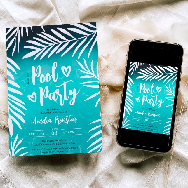 Invitation Piscine tropicale en feuille de palmier bleu fête  (Créateur téléchargé)