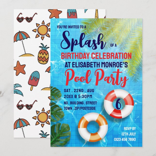 Invitation Piscine tropicale, fête de la piscine d'anniversai (Devant / Derrière)
