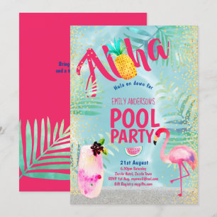 Invitation PISCINE tropicale Flamant rose ananas Aloha Luau
