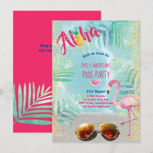 Invitation PISCINE tropicale Flamant rose ananas Aloha Luau