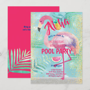 Invitation PISCINE tropicale Flamant rose ananas Aloha Luau