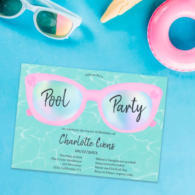 Invitation Piscine tropicale lunettes holographiques Sweet 16 (Créateur téléchargé)