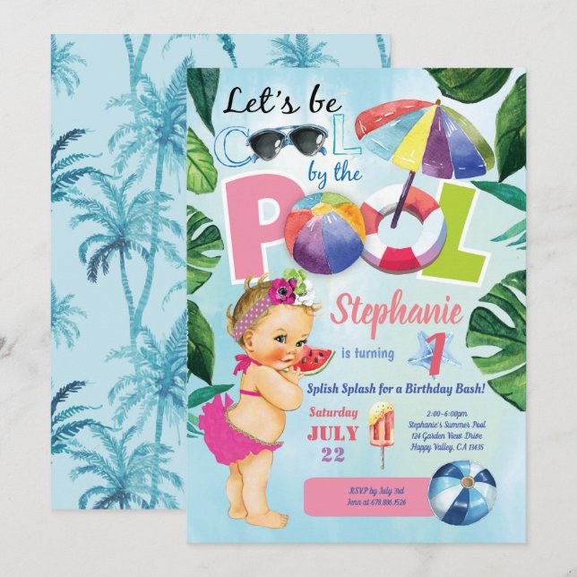 Invitation Piscine tropicale pour la petite fille du premier  (Devant / Derrière)