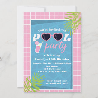 Invitation Piscine tropicale rose vif fête anniversaire