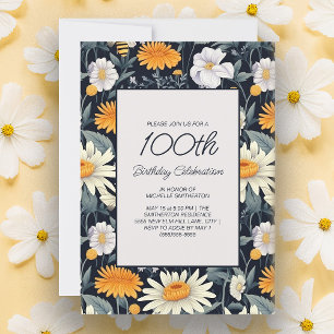Invitation Pissenlits Marguerites Bleu Nuit Anniversaire 100 