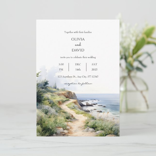 Invitation Pittoresque Coastal Trail Ocean View Beach Wedding (Debout devant)