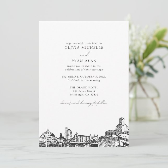 Invitation Pittsburgh Skyline moderne Mariage noir et blanc (Debout devant)