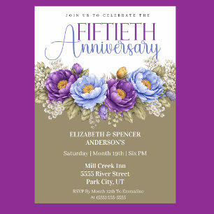 Invitation Pivoine bleue et violette 50e anniversaire de mari