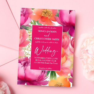 Invitation Pivoine orange rose élégante mariage tout-en-un