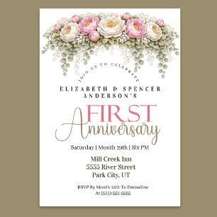 Invitation Pivoine rose et blanche 1er anniversaire de mariag