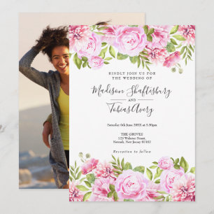 Invitation Pivoine rose saumonée verdure florale photo mariag