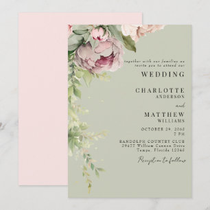 Invitation Pivoines aquarelles élégantes vert sauge et rose p