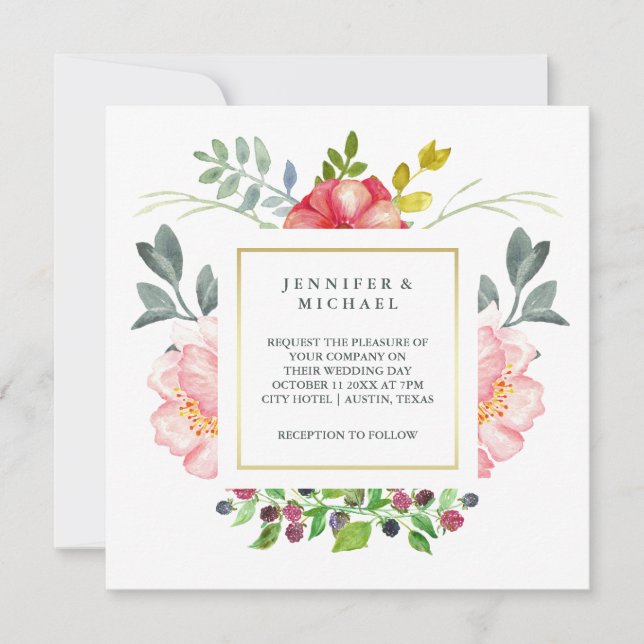 Invitation Pivoines assez roses d'aquarelle avec le mariage (Devant)