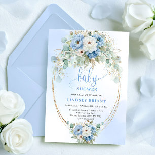 Invitation Pivoines bleues sophistiquées Eucalyptus Or Bébé 