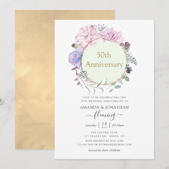 Invitation Pivoines Géométriques Pastel 50e Anniversaire de M (Devant / Derrière)