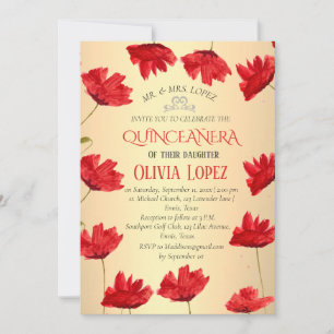 Invitation Pivoines modernes Quinceañera Rouge Floral Anniver