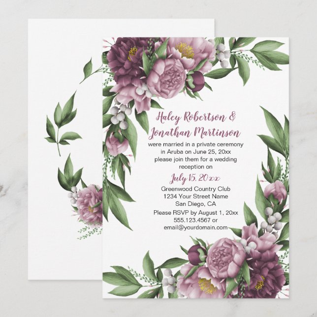 Invitation Pivoines Rose Mauve Feuillage Réception uniquement (Devant / Derrière)