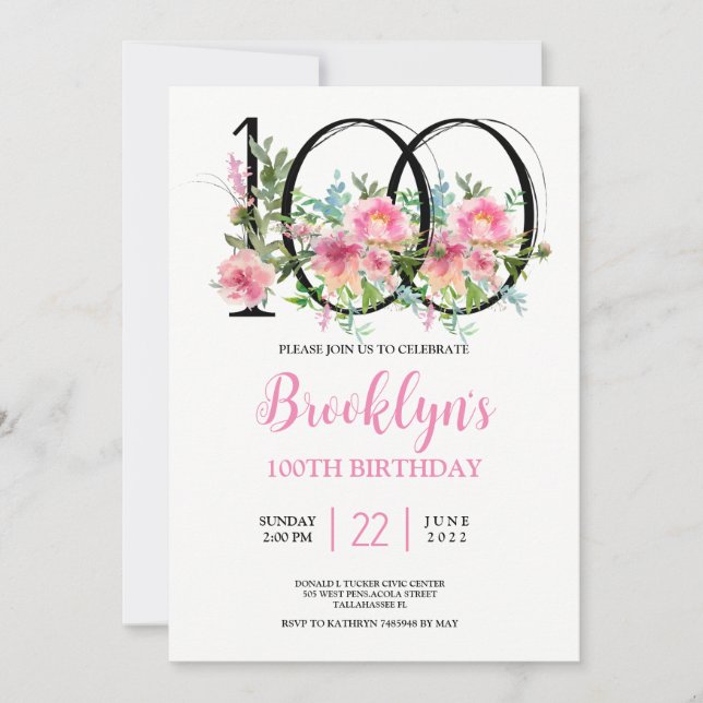 Invitation Pivoines roses 100e anniversaire (Devant)