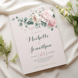 Invitation Pivoines roses feuillage d'eucalyptus vert menthe 