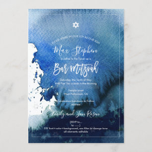 Invitation Pix-Dezines Bar MitzvahAquarelle bleue  Navy