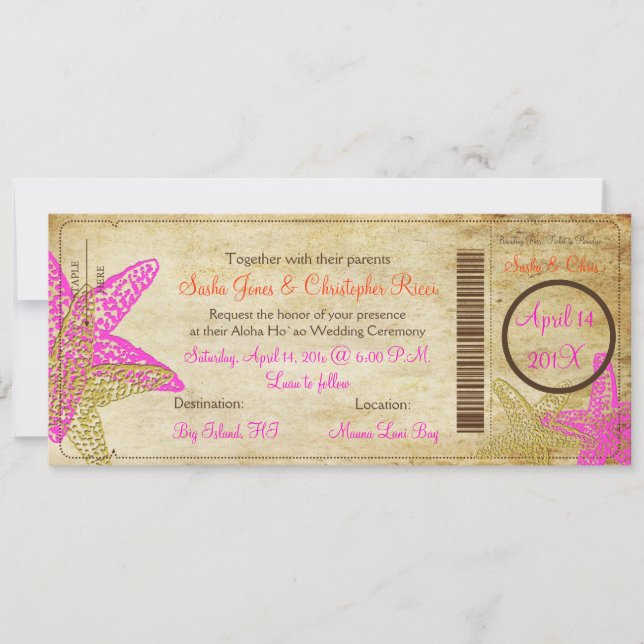 Invitation Pix-Dezines Boarding Pass+Plage+Aigle rose (Devant)