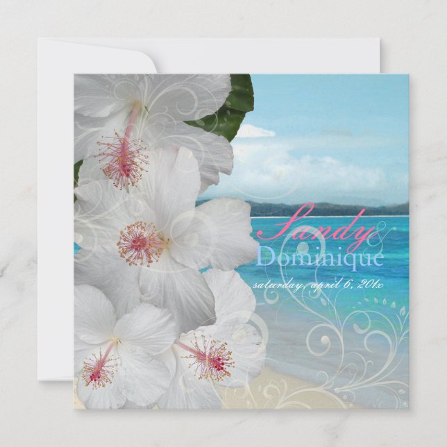 Invitation Pix-Dezines Hibiscus blanc/plage/mariage tropical (Devant)