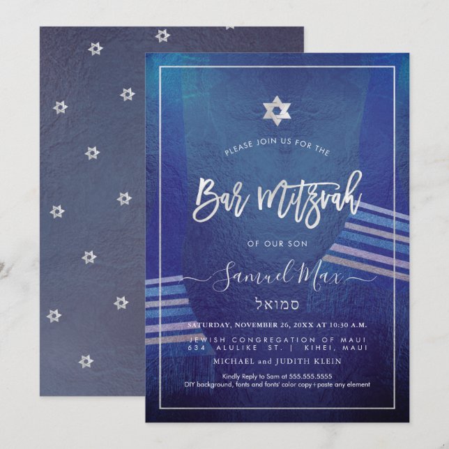 Invitation Pix Dezines Navy Blue+Platinum Talitz Bar Mitzvah (Devant / Derrière)