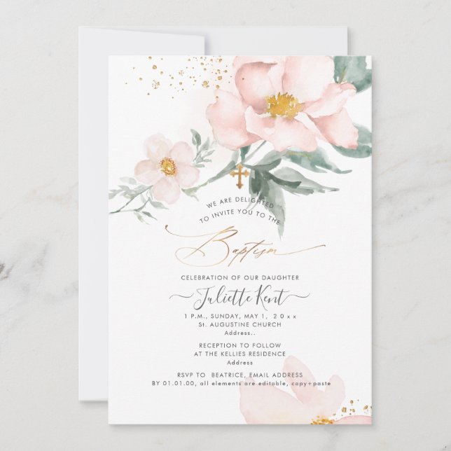 Invitation PixDezin H2 Baptême Rose à simple fosse pétale (Devant)