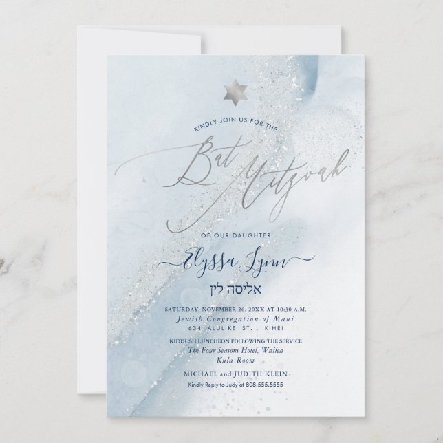 Invitation PixDezines Alcohol+Ink Dusty Blue Silver Mitzvah (Devant)
