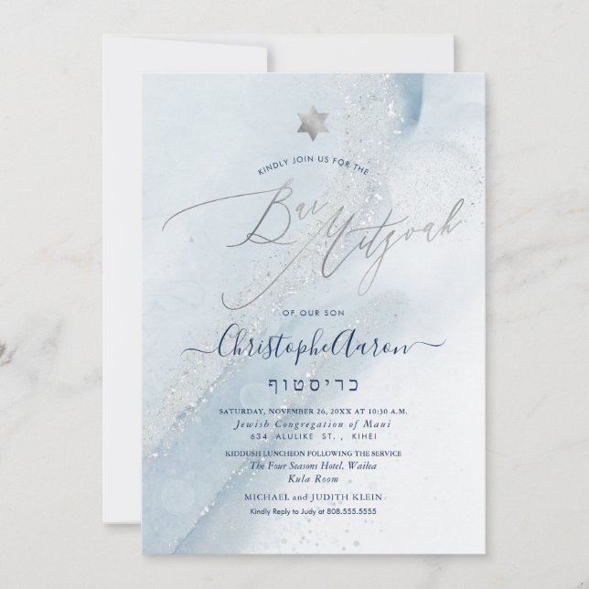 Invitation PixDezines Alcool+Encre Dusty Blue Argent Mitzvah (Devant)