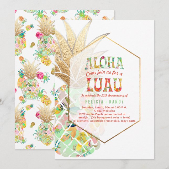 Invitation PixDezines Aloha Hawaiian Pineapples/Mint Green (Devant / Derrière)