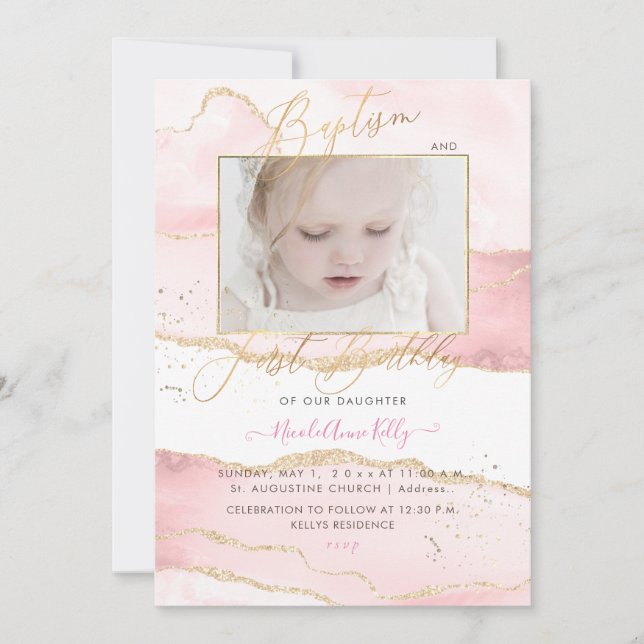 Invitation PixDezines Aquarelle Agate 1er Anniversaire Baptêm (Devant)