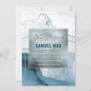 Invitation PixDezines Aquarelle Agate Turquoise Blue Bar Mitz