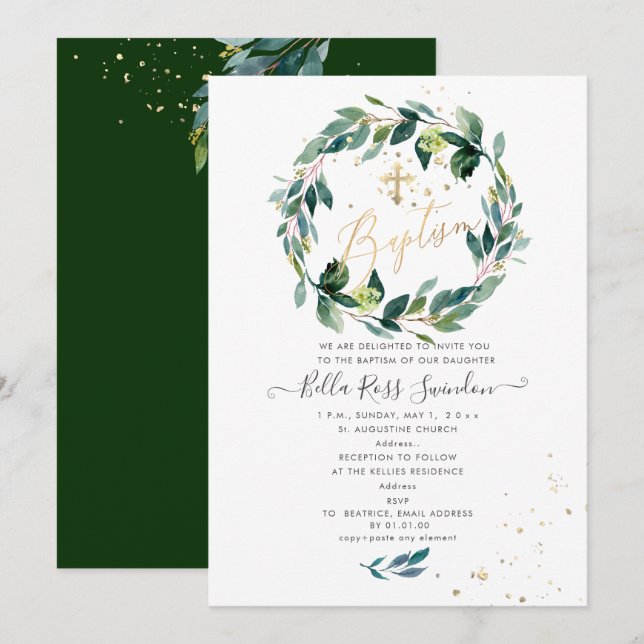 Invitation PixDezines Aquarelle Bleu Gomme Vert Baptême (Devant / Derrière)