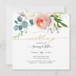 Invitation PixDezines Aquarelle Bleu Peonies Roses