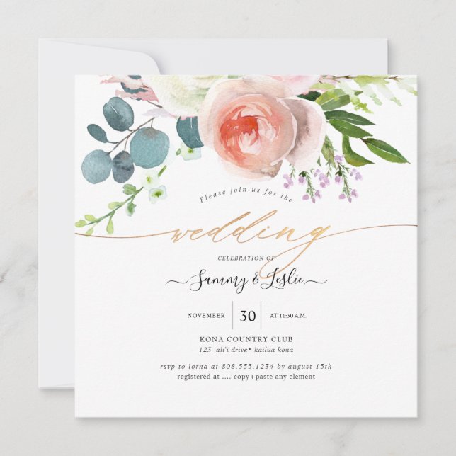 Invitation PixDezines Aquarelle Bleu Peonies Roses (Devant)
