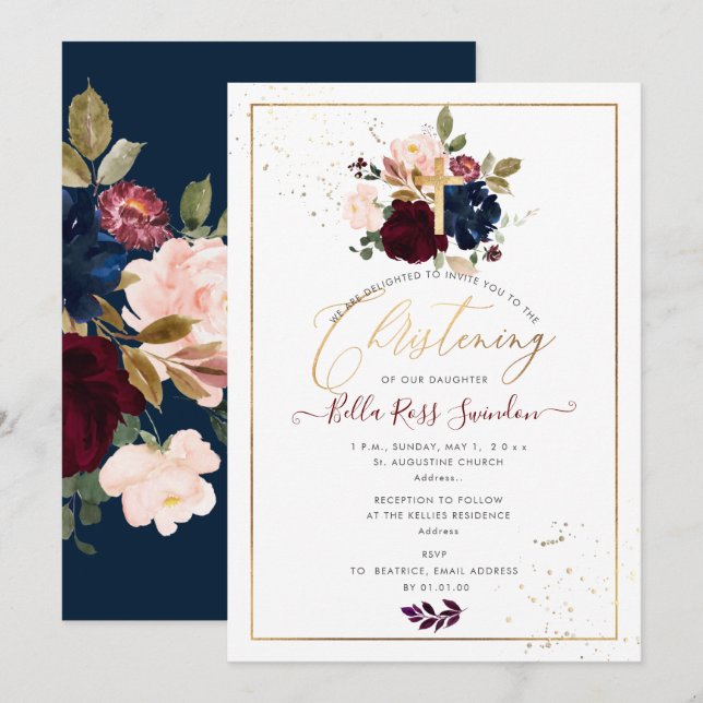 Invitation PixDezines Aquarelle Blush+Fleurs Bourgogne (Devant / Derrière)