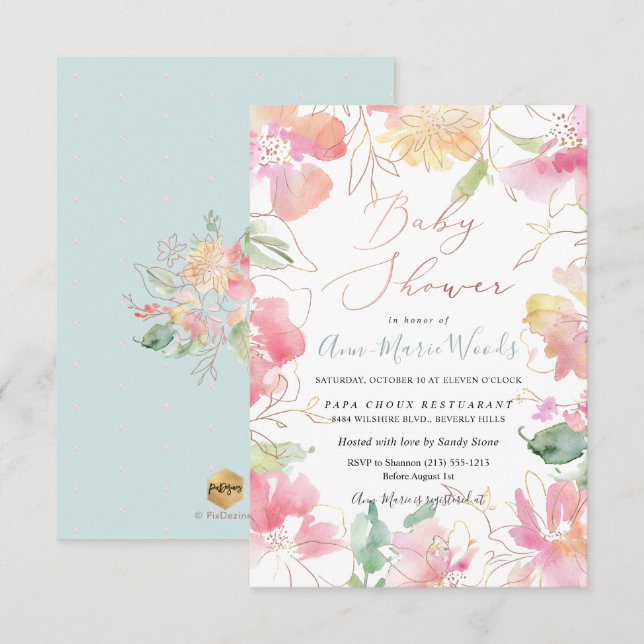 Invitation PixDezines Aquarelle Blush Sweet Peas Baby shower (Devant / Derrière)