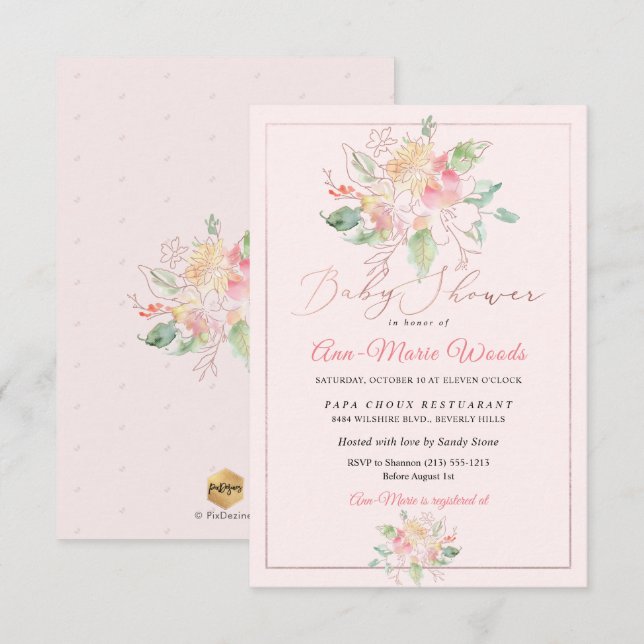 Invitation PixDezines Aquarelle Blush Sweet Peas Baby shower (Devant / Derrière)
