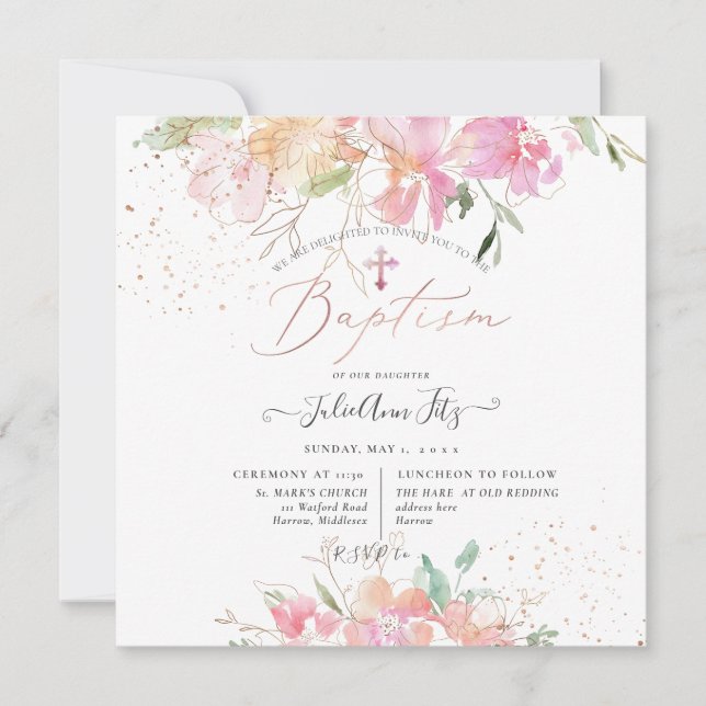 Invitation PixDezines Aquarelle Blush Sweet Peas Baptism (Devant)