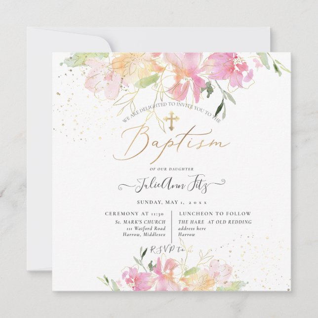 Invitation PixDezines Aquarelle Blush Sweet Peas Baptism (Devant)