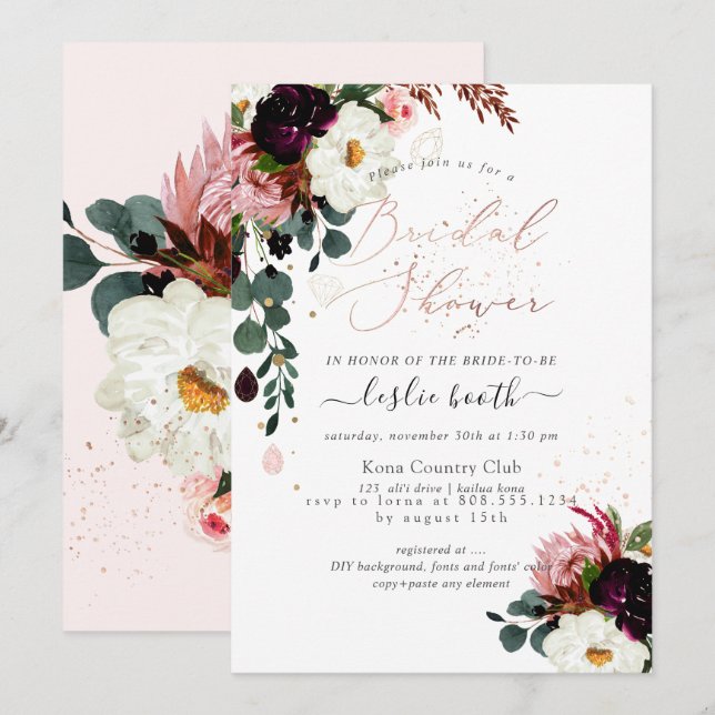 Invitation PixDezines Aquarelle Bourgogne Fête des mariées Ro (Devant / Derrière)