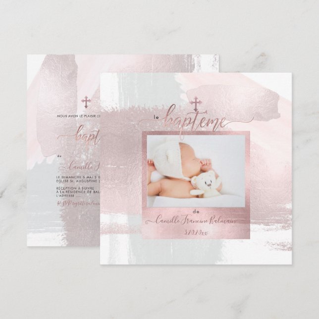 Invitation PixDezines Aquarelle Brush, Baptême Fille (Devant / Derrière)