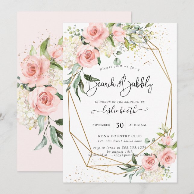 Invitation PixDezines Aquarelle Dusty Rose Brunch+Bubbly (Devant / Derrière)