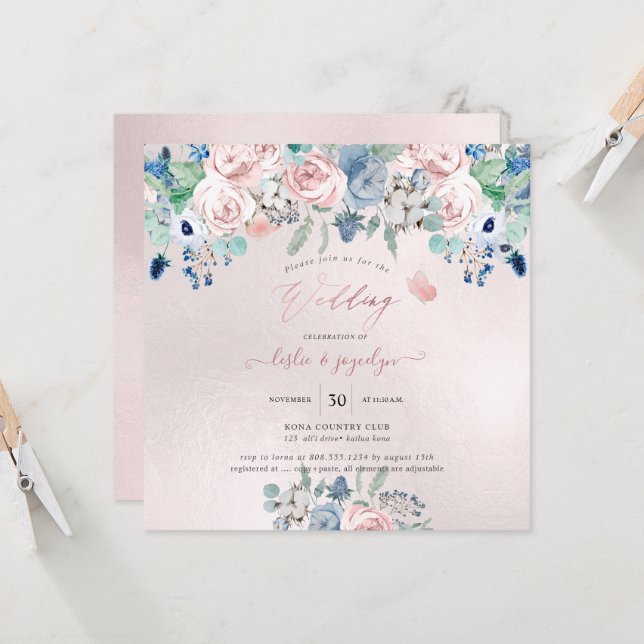 Invitation PixDezines Aquarelle Dusty Rose Mariage bleu marin (Devant/Arrière en situation)