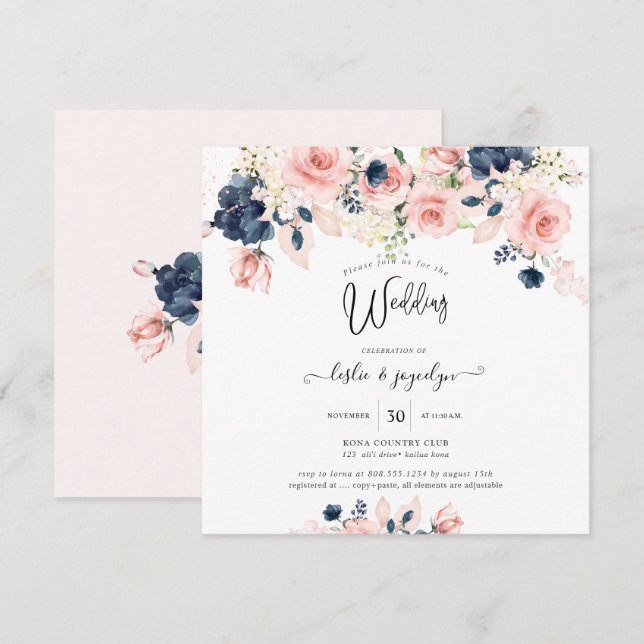 Invitation PixDezines Aquarelle Dusty Rose Mariage bleu marin (Devant / Derrière)