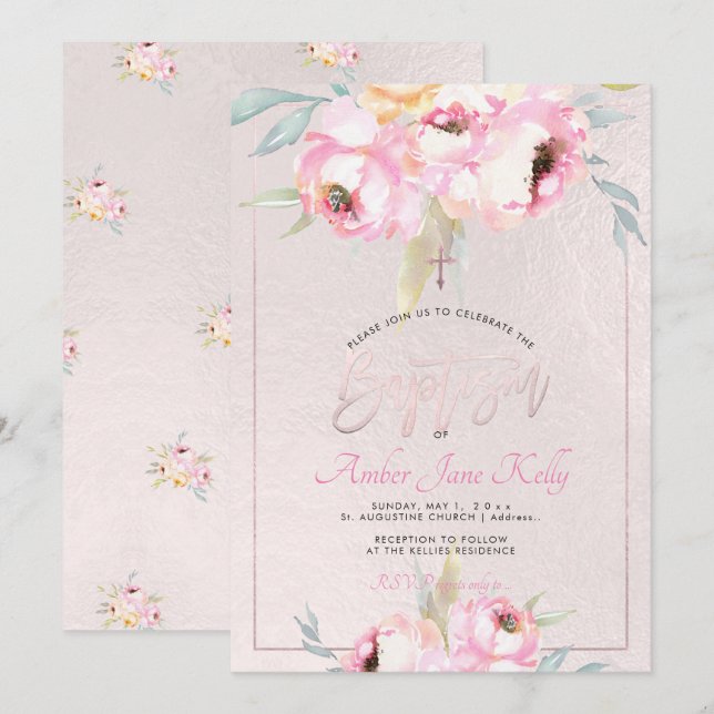 Invitation PixDezines Aquarelle Fleurs Peonies Baptême (Devant / Derrière)
